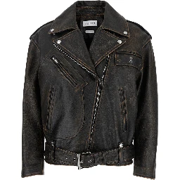 Antiqued Brown Biker Jacket with Wide Classic Lapels and Decentralized Zip Closure in Leather Woman