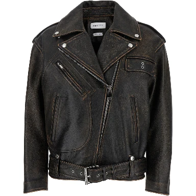 Antiqued Brown Biker Jacket with Wide Classic Lapels and Decentralized Zip Closure in Leather Woman