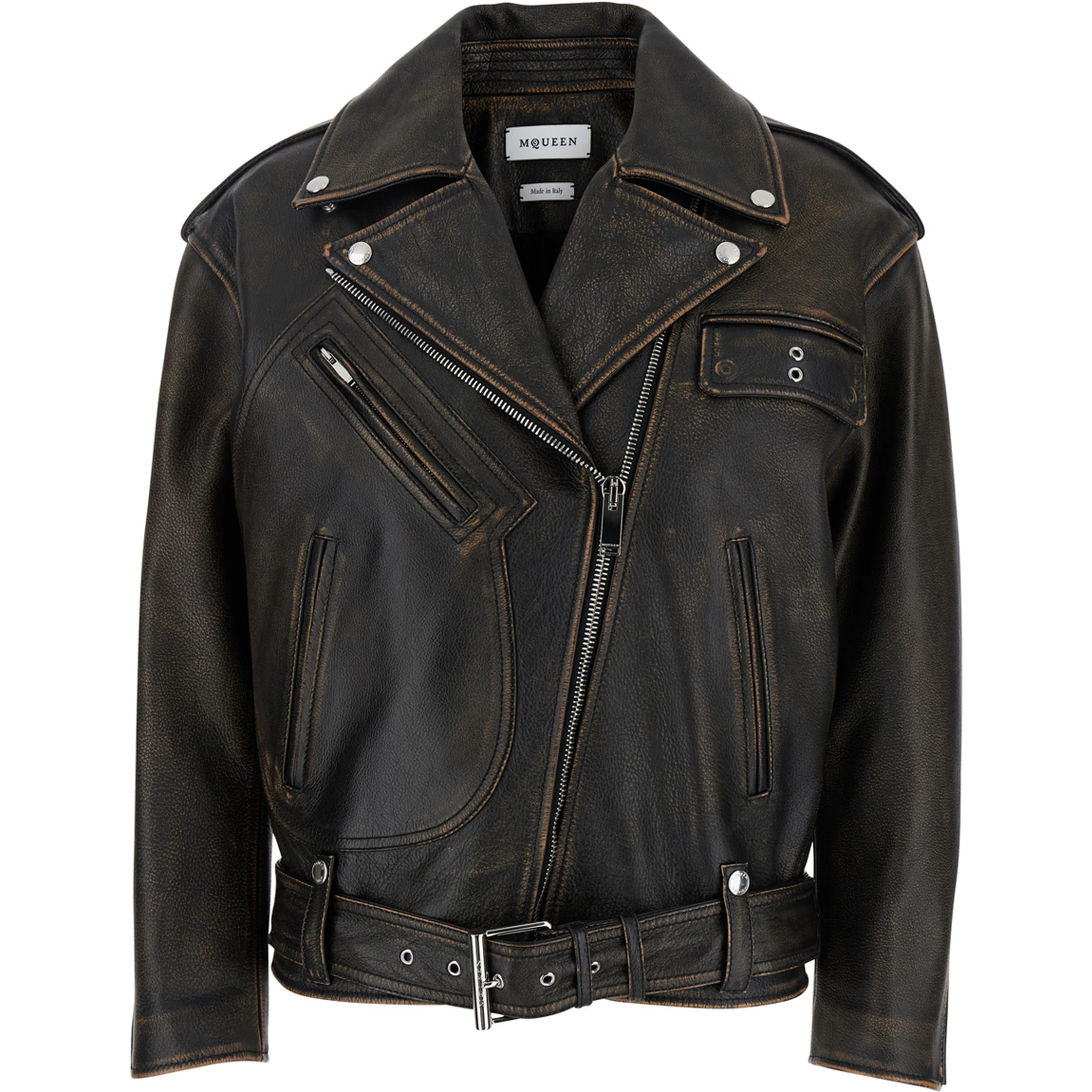 Antiqued Brown Biker Jacket with Wide Classic Lapels and Decentralized Zip Closure in Leather Woman
