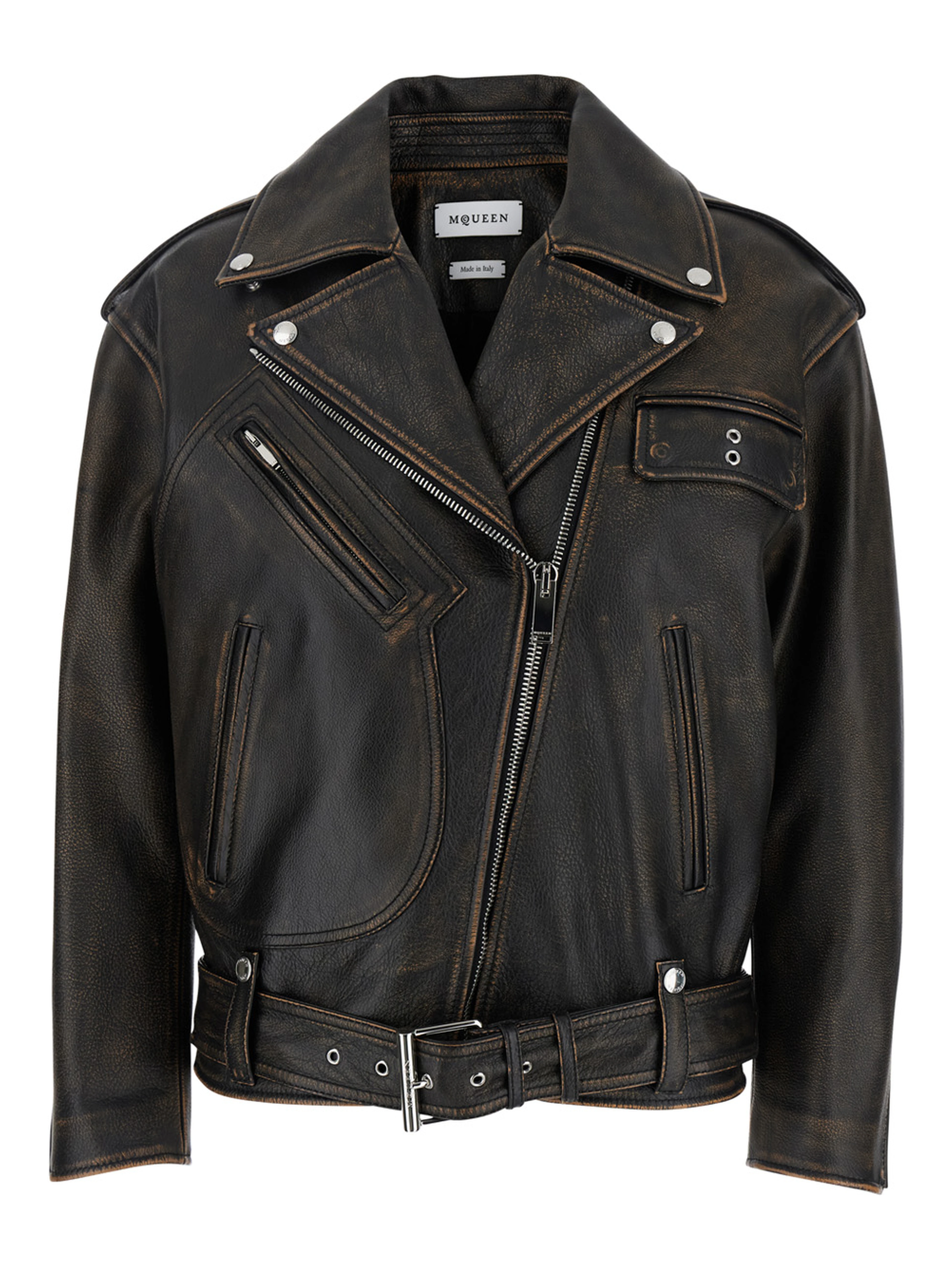 Antiqued Brown Biker Jacket with Wide Classic Lapels and Decentralized Zip Closure in Leather Woman