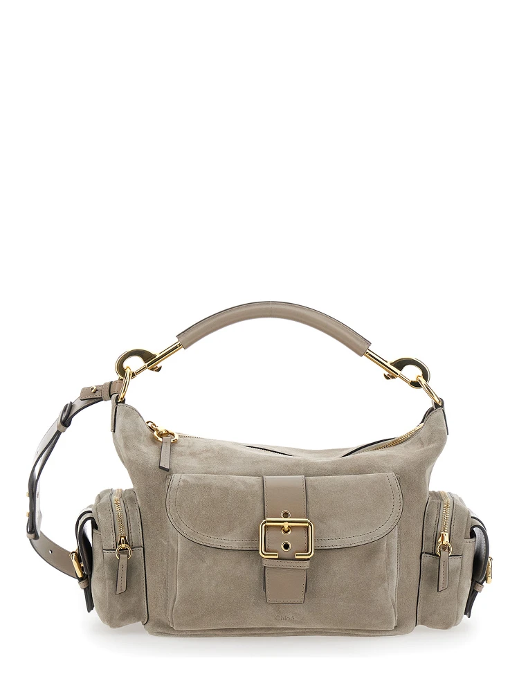 Camera Bag Grey Handbag with Adjustable and Removable Shoulder Strap in Suede Woman