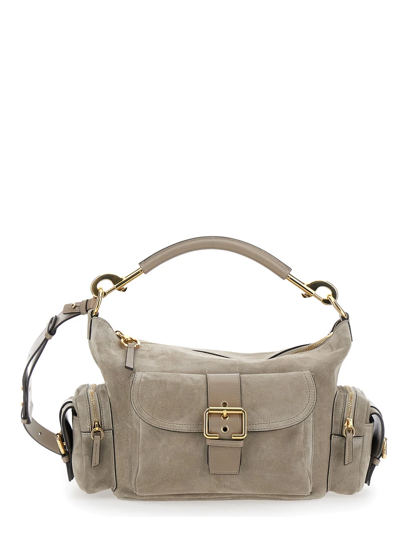 Camera Bag Grey Handbag with Adjustable and Removable Shoulder Strap in Suede Woman