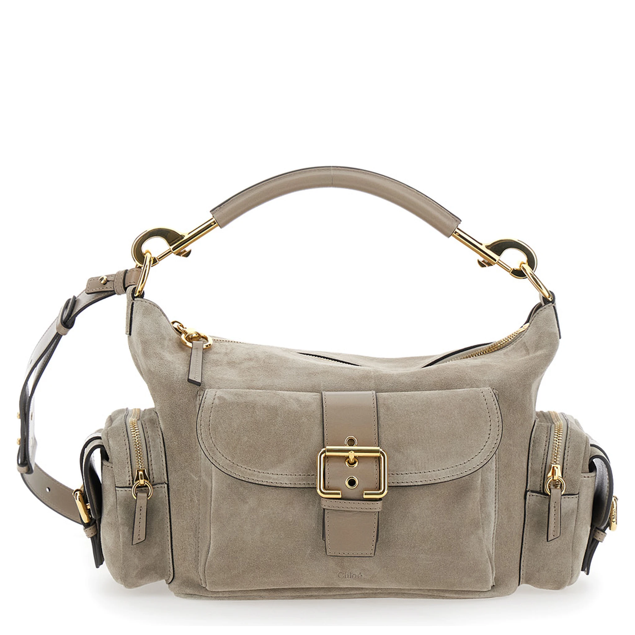 Camera Bag Grey Handbag with Adjustable and Removable Shoulder Strap in Suede Woman