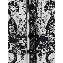 Black and White Long Dress with High Neck and All-Over Floral Print in Cotton Woman