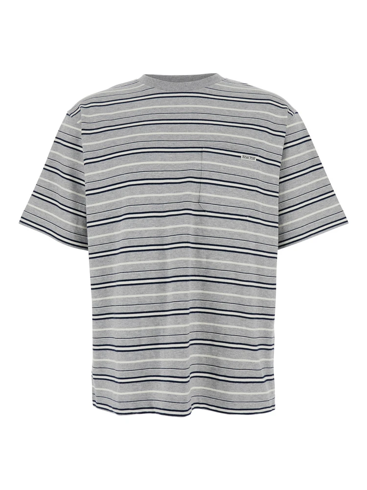 Grey Crewneck T-Shirt with All-Over Striped Motif in Cotton Man