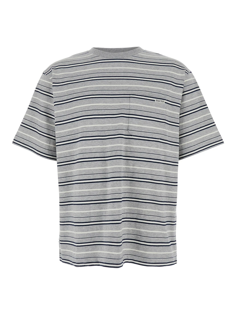 Grey Crewneck T-Shirt with All-Over Striped Motif in Cotton Man