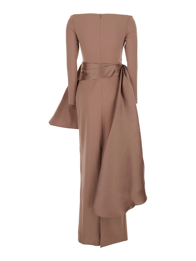 Kiana Brown Long Dress with Boat Neckline and Maxi Draped Detail in Tech Fabric Stretch Woman alternative