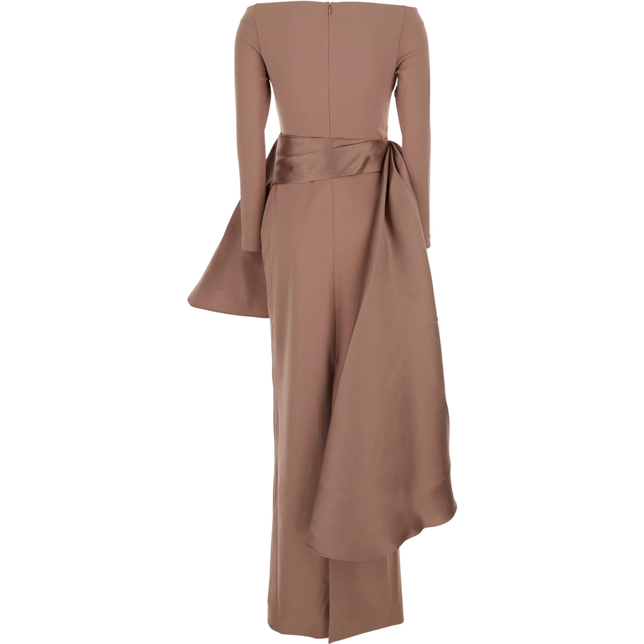 Kiana Brown Long Dress with Boat Neckline and Maxi Draped Detail in Tech Fabric Stretch Woman