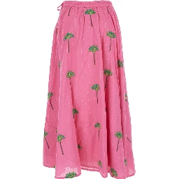 Pink Skirt with Elastic Drawstring Waist and All-Over Embroidery in Cotton Woman
