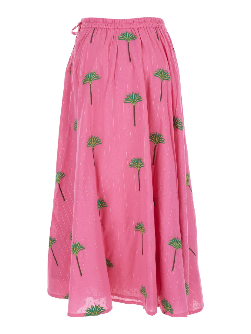 Pink Skirt with Elastic Drawstring Waist and All-Over Embroidery in Cotton Woman