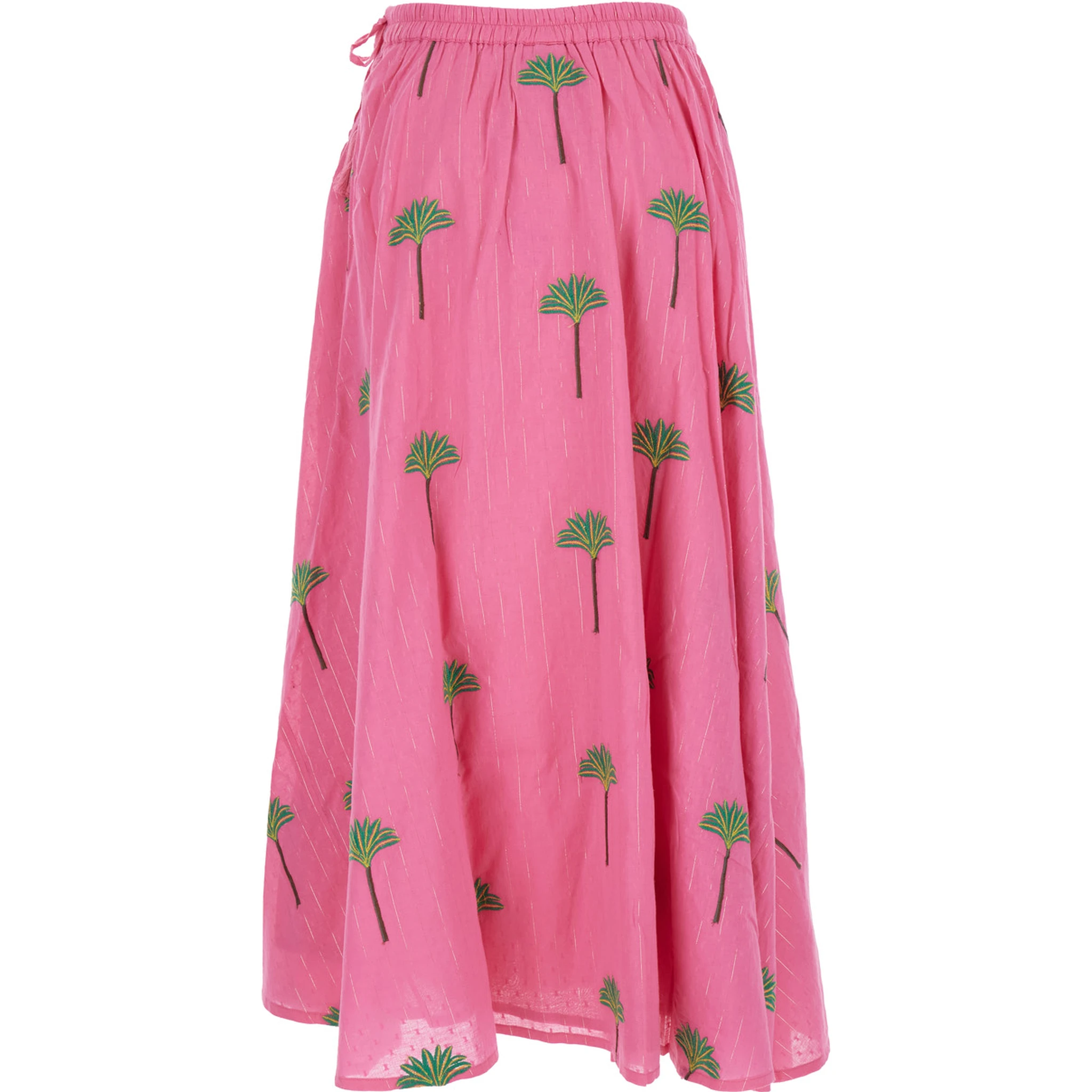 Pink Skirt with Elastic Drawstring Waist and All-Over Embroidery in Cotton Woman