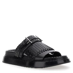 Black Sandals with Brogue T-Buckle Decorative Strap in Leather Woman