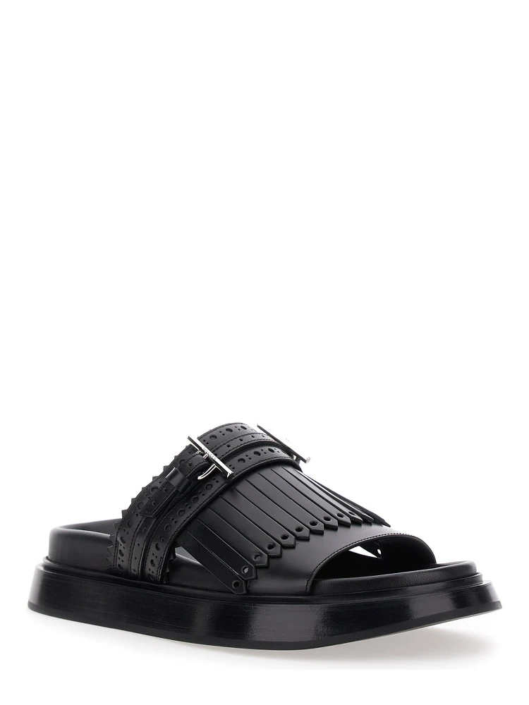 Black Sandals with Brogue T-Buckle Decorative Strap in Leather Woman alternative