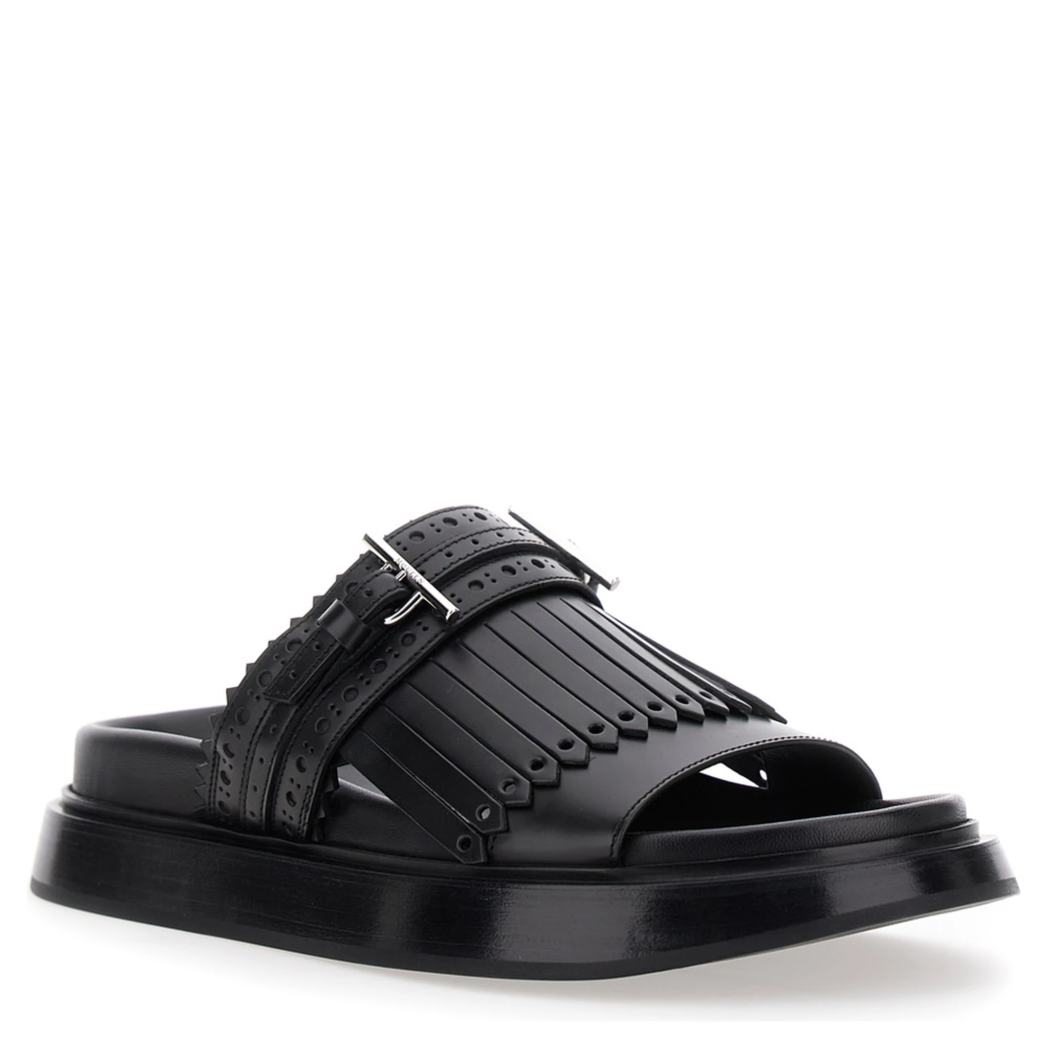 Black Sandals with Brogue T-Buckle Decorative Strap in Leather Woman