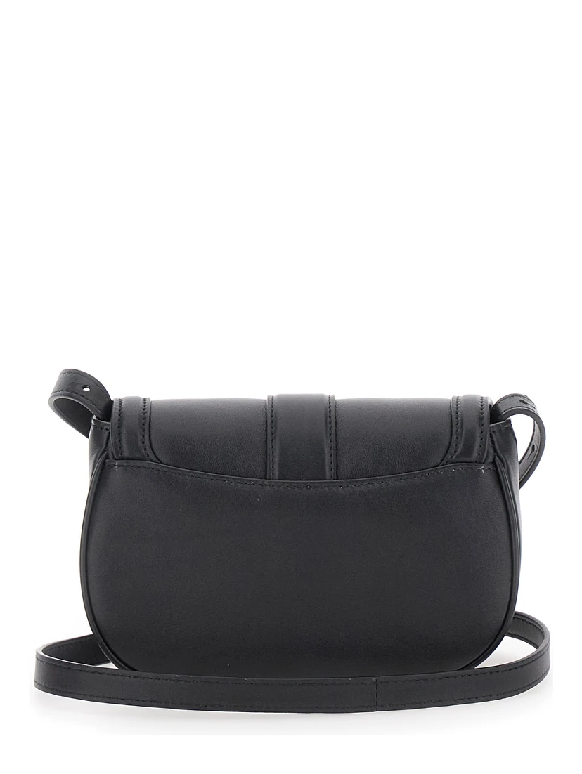 Satchel Mini Black Crossbody Bag with T-Buckle and Embossed Logo in Leather Woman