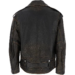 Antiqued Brown Biker Jacket with Wide Classic Lapels and Decentralized Zip Closure in Leather Woman