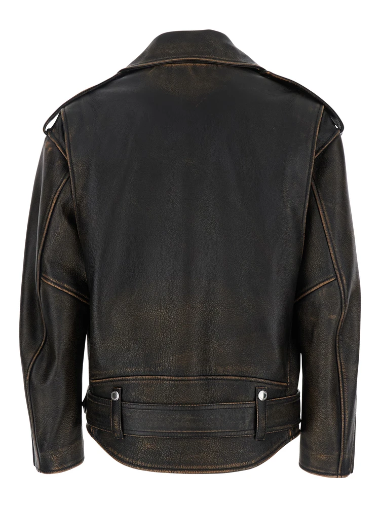 Antiqued Brown Biker Jacket with Wide Classic Lapels and Decentralized Zip Closure in Leather Woman alternative