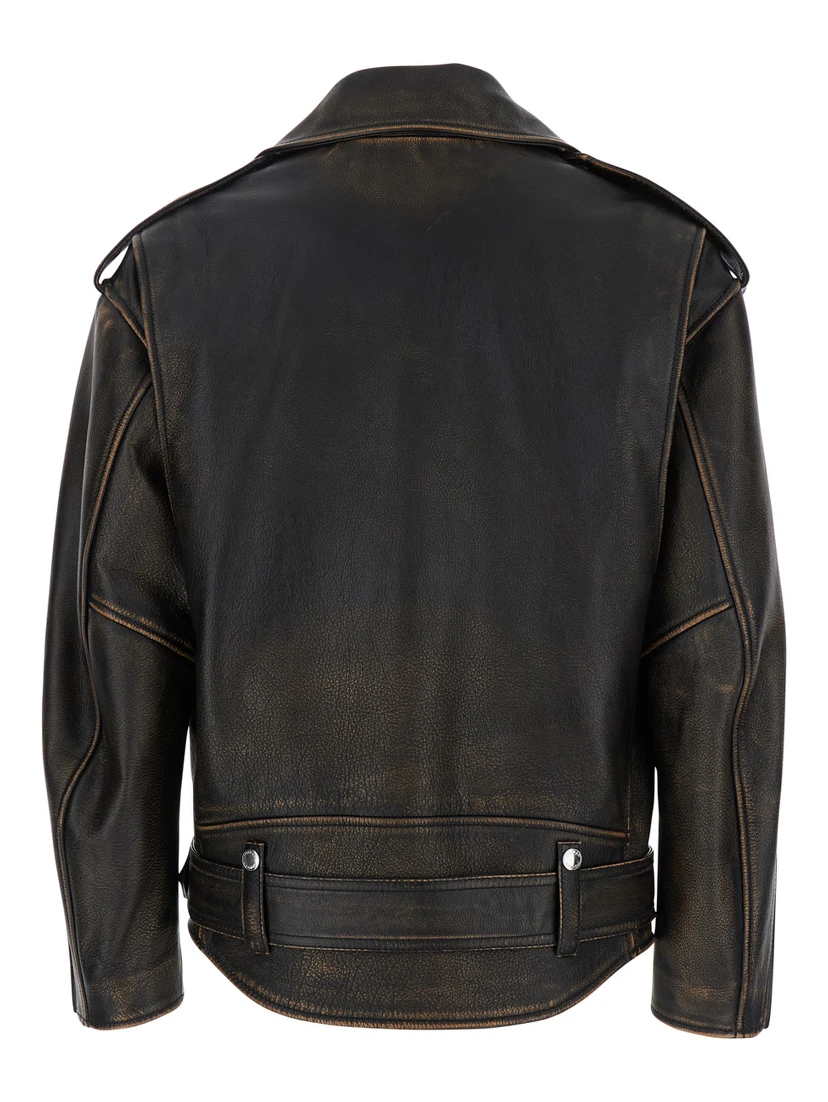 Antiqued Brown Biker Jacket with Wide Classic Lapels and Decentralized Zip Closure in Leather Woman