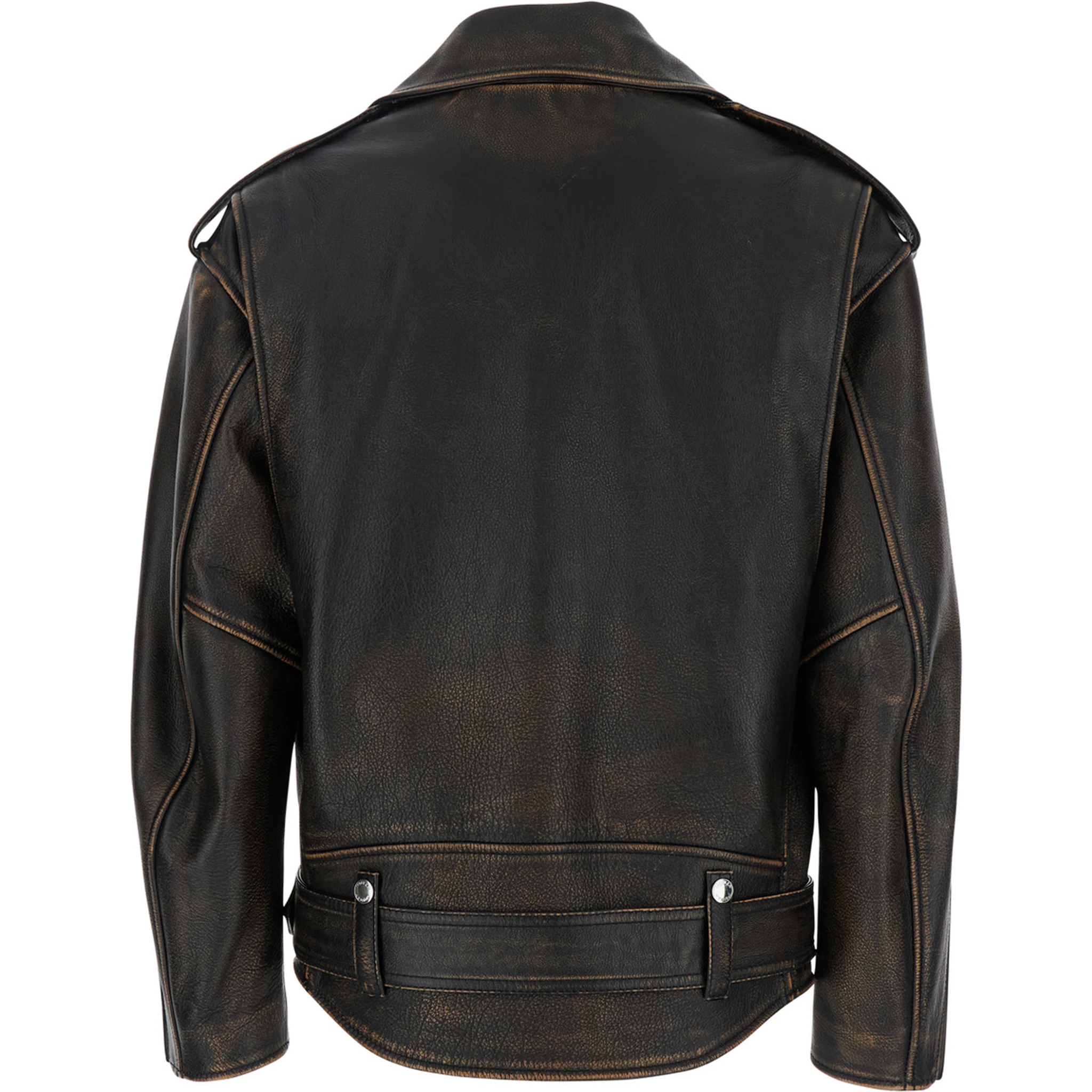 Antiqued Brown Biker Jacket with Wide Classic Lapels and Decentralized Zip Closure in Leather Woman