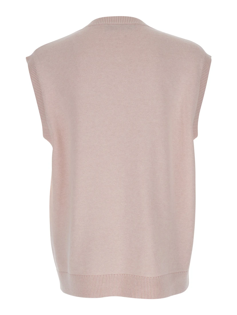 Pink Sleeveless Vest with V Neck and Contrasting Logo Embroidery on the Front in Cotton and Cashmere Blend Man