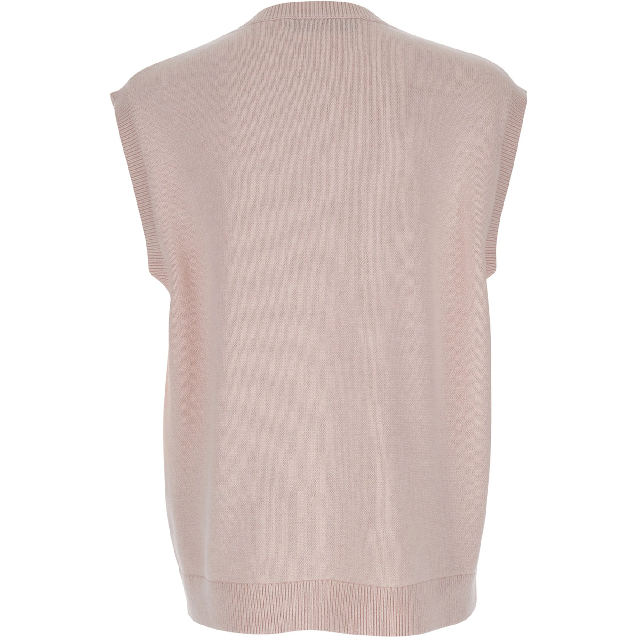 Pink Sleeveless Vest with V Neck and Contrasting Logo Embroidery on the Front in Cotton and Cashmere Blend Man