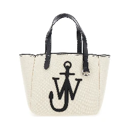 حقيبة تسوق بيضاء بشعار JW في الأمام، مصنوعة من القماش والجلد، للنساء