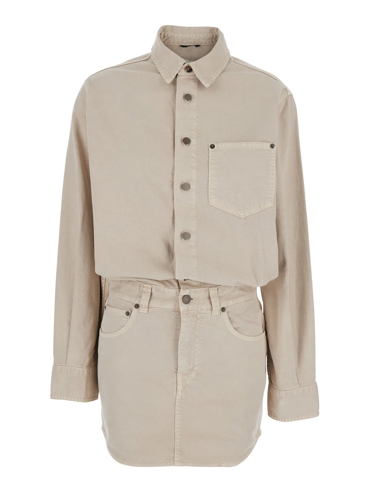 Tamu Beige Dress with Drop Shoulders and Logo Patch on the Back in Cotton Woman