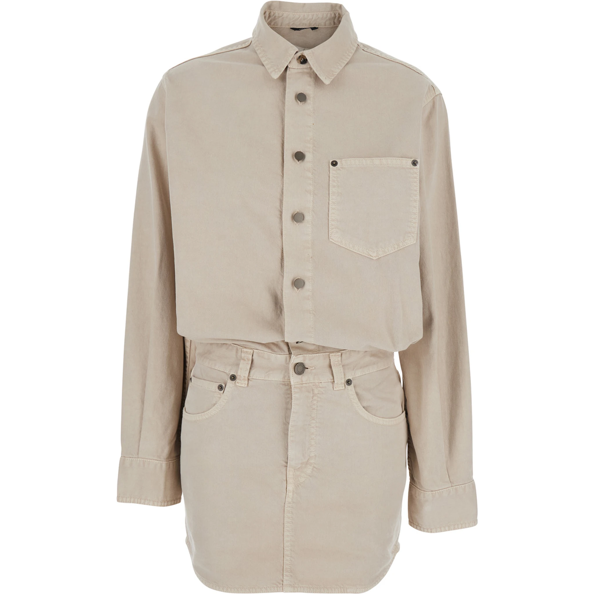 Tamu Beige Dress with Drop Shoulders and Logo Patch on the Back in Cotton Woman