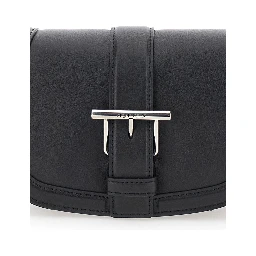 Satchel Mini Black Crossbody Bag with T-Buckle and Embossed Logo in Leather Woman