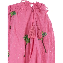 Pink Skirt with Elastic Drawstring Waist and All-Over Embroidery in Cotton Woman