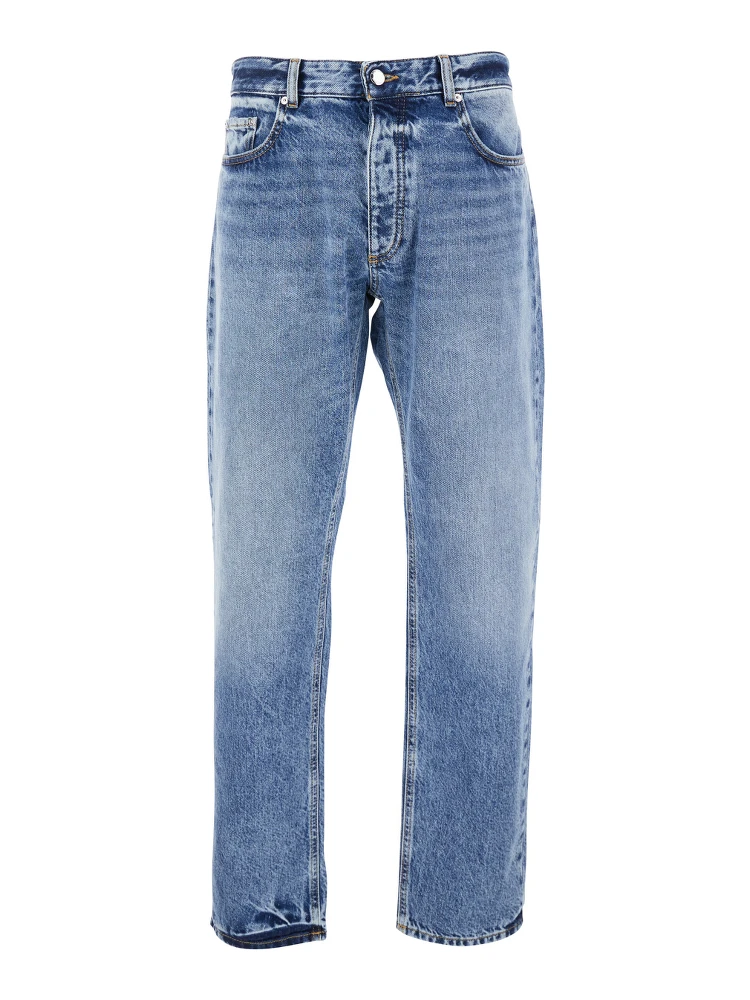 Light Blue Jeans with Belt Loops and Logo Patch on the Rear in Denim Man