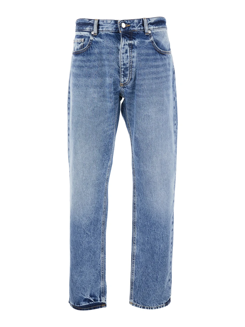 Light Blue Jeans with Belt Loops and Logo Patch on the Rear in Denim Man