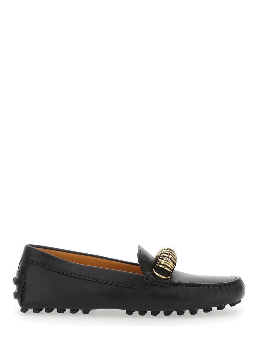 Black Loafers with Ring Detail on the Front and Rubber Sole in Leather Woman