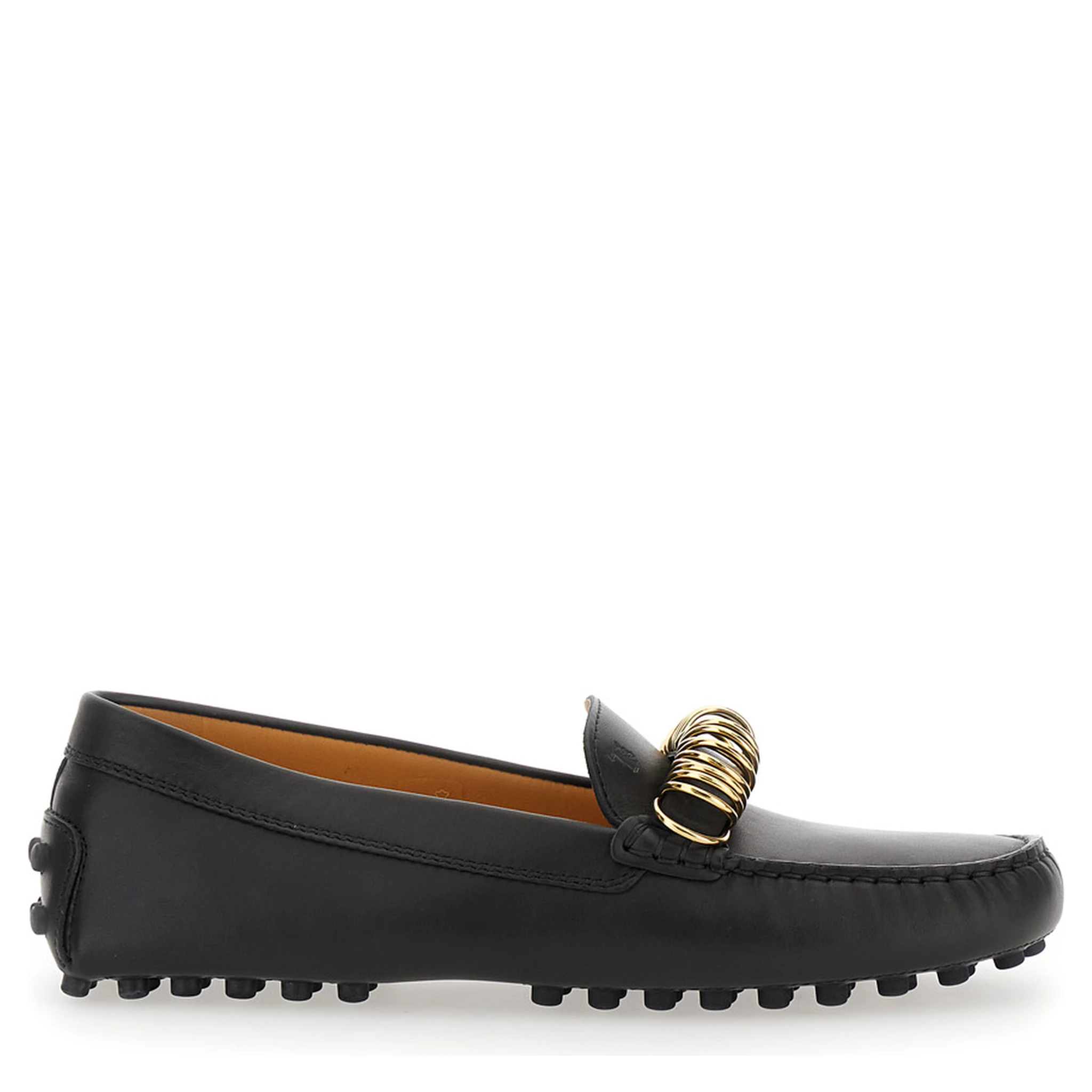 Black Loafers with Ring Detail on the Front and Rubber Sole in Leather Woman