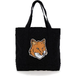 Black Tote Bag with Fox Head Patch in Cotton Canvas Man