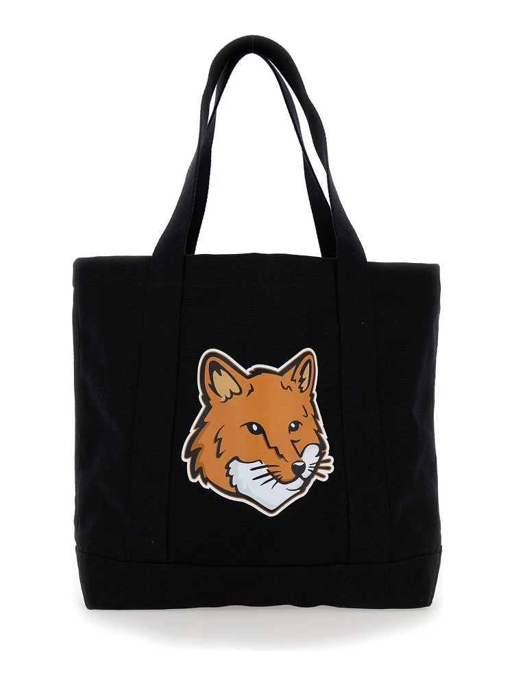 Black Tote Bag with Fox Head Patch in Cotton Canvas Man