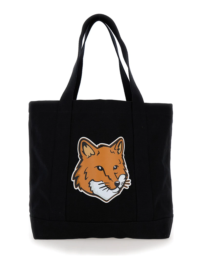 Black Tote Bag with Fox Head Patch in Cotton Canvas Man