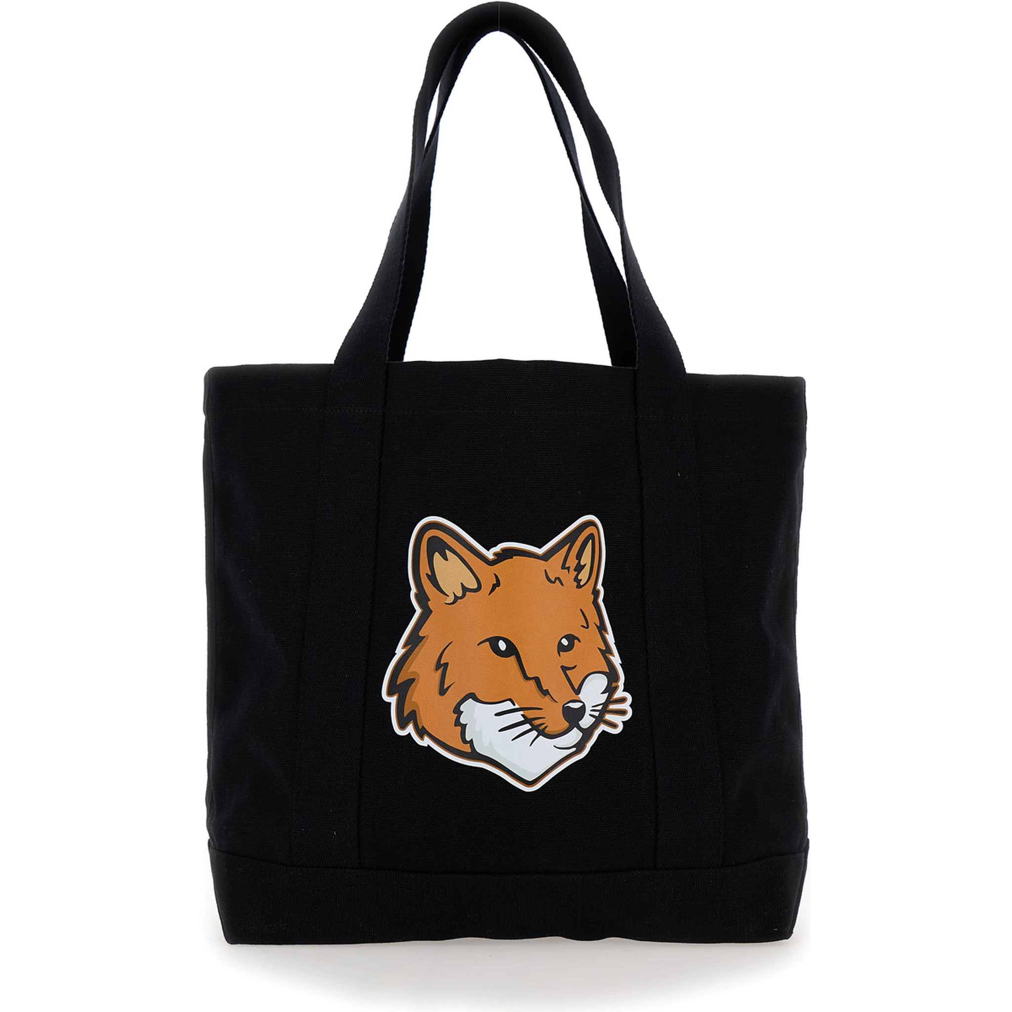 Black Tote Bag with Fox Head Patch in Cotton Canvas Man