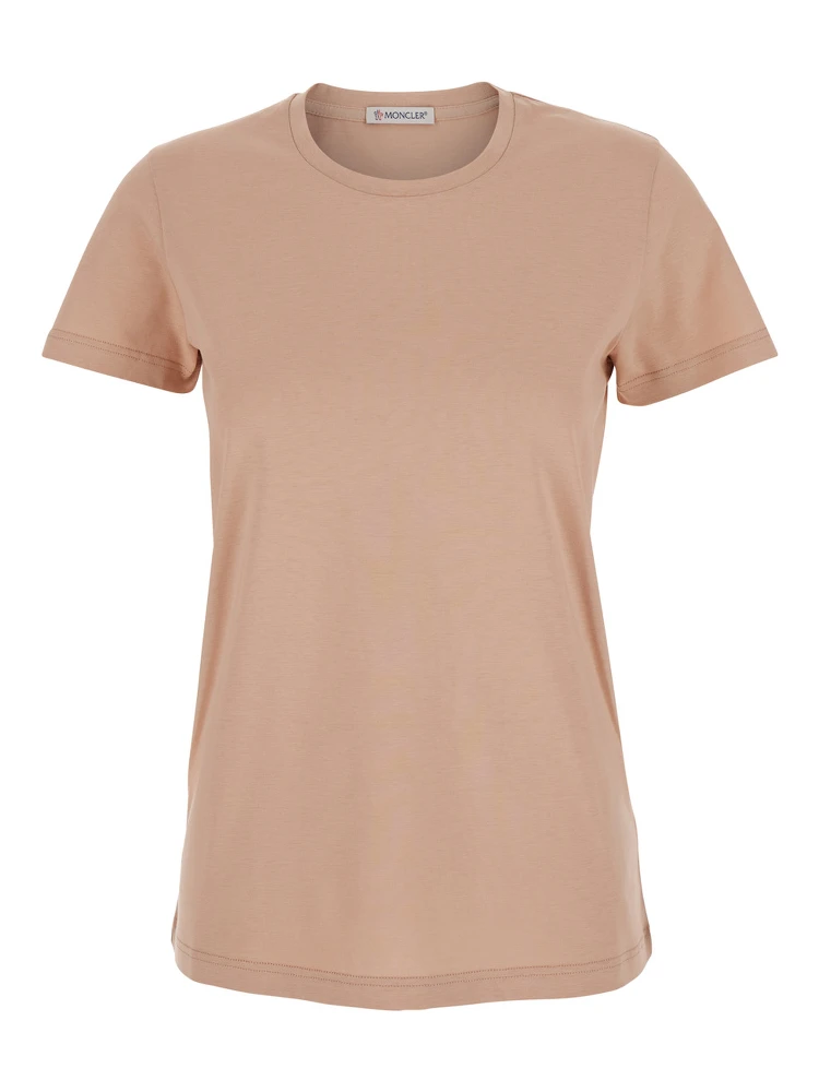 Pink T-Shirt with Logo Patch Applied on the Sleeve in Cotton Woman