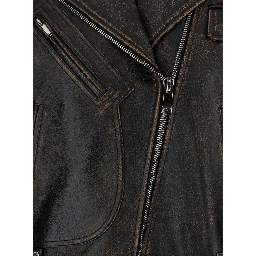 Antiqued Brown Biker Jacket with Wide Classic Lapels and Decentralized Zip Closure in Leather Woman