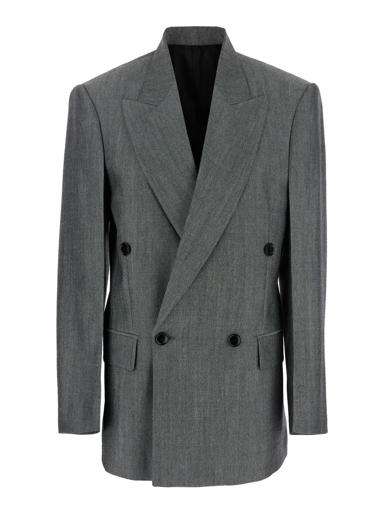 جاكيت رمادي مزدوج الصدر ذو أطراف مطوية من الصوف للنساء