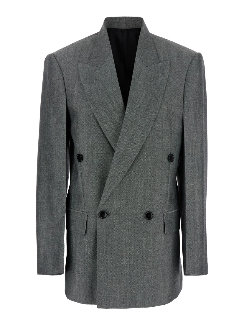 جاكيت رمادي مزدوج الصدر ذو أطراف مطوية من الصوف للنساء