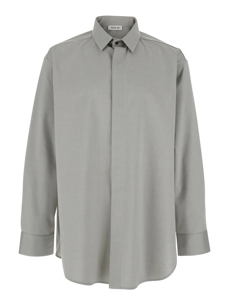 Grey Shirt with Classic Collar and Logo Patch on the Rear in Cotton and Wool Blend Man