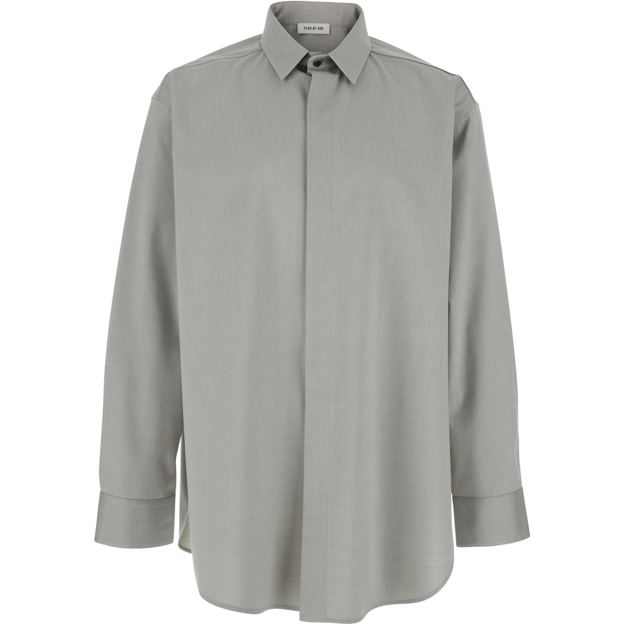 Grey Shirt with Classic Collar and Logo Patch on the Rear in Cotton and Wool Blend Man