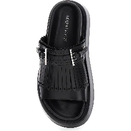 Black Sandals with Brogue T-Buckle Decorative Strap in Leather Woman