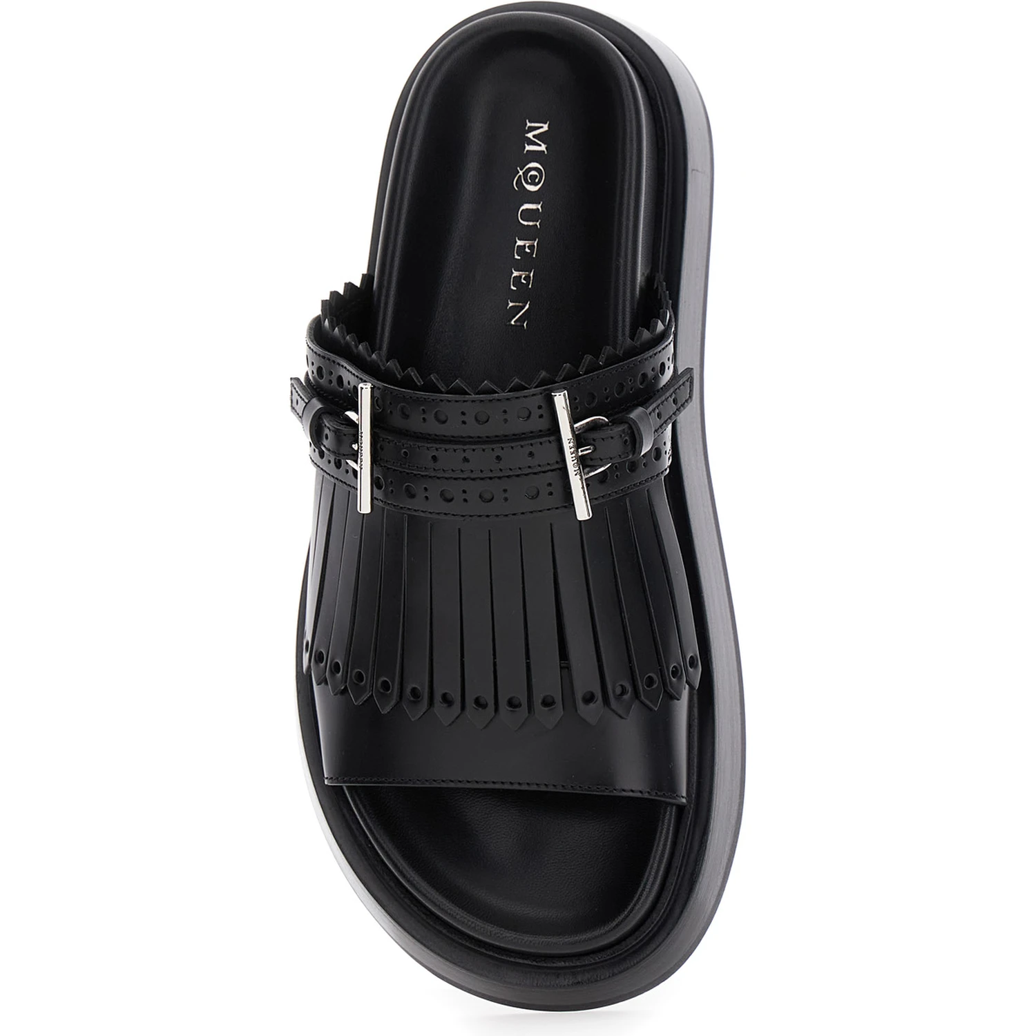 Black Sandals with Brogue T-Buckle Decorative Strap in Leather Woman