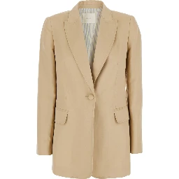 Beige Jacket with Classic Lapels and Metallic Logo on the Back in Linen Blend Woman