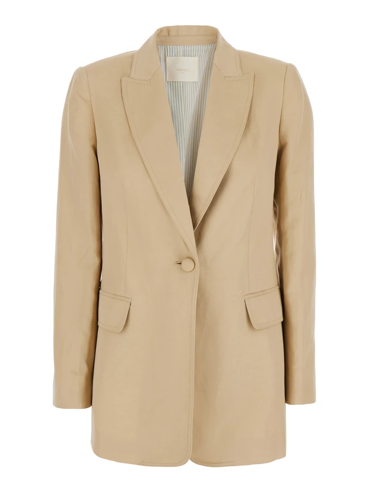 Beige Jacket with Classic Lapels and Metallic Logo on the Back in Linen Blend Woman