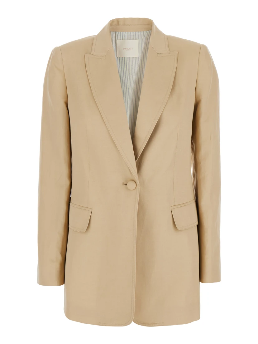 Beige Jacket with Classic Lapels and Metallic Logo on the Back in Linen Blend Woman