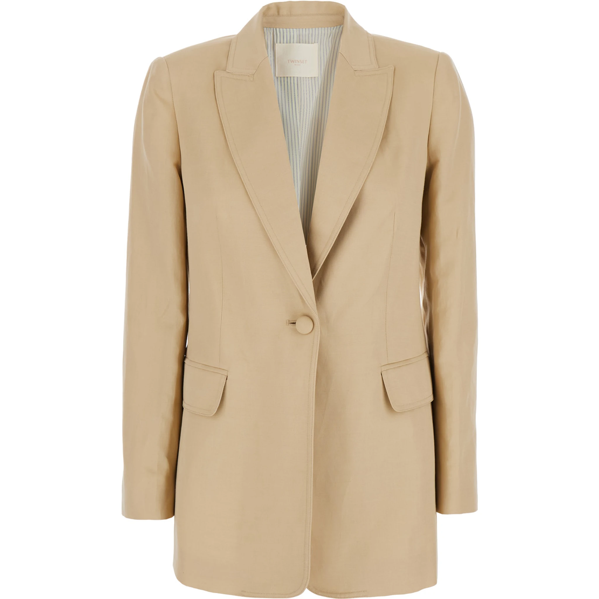Beige Jacket with Classic Lapels and Metallic Logo on the Back in Linen Blend Woman